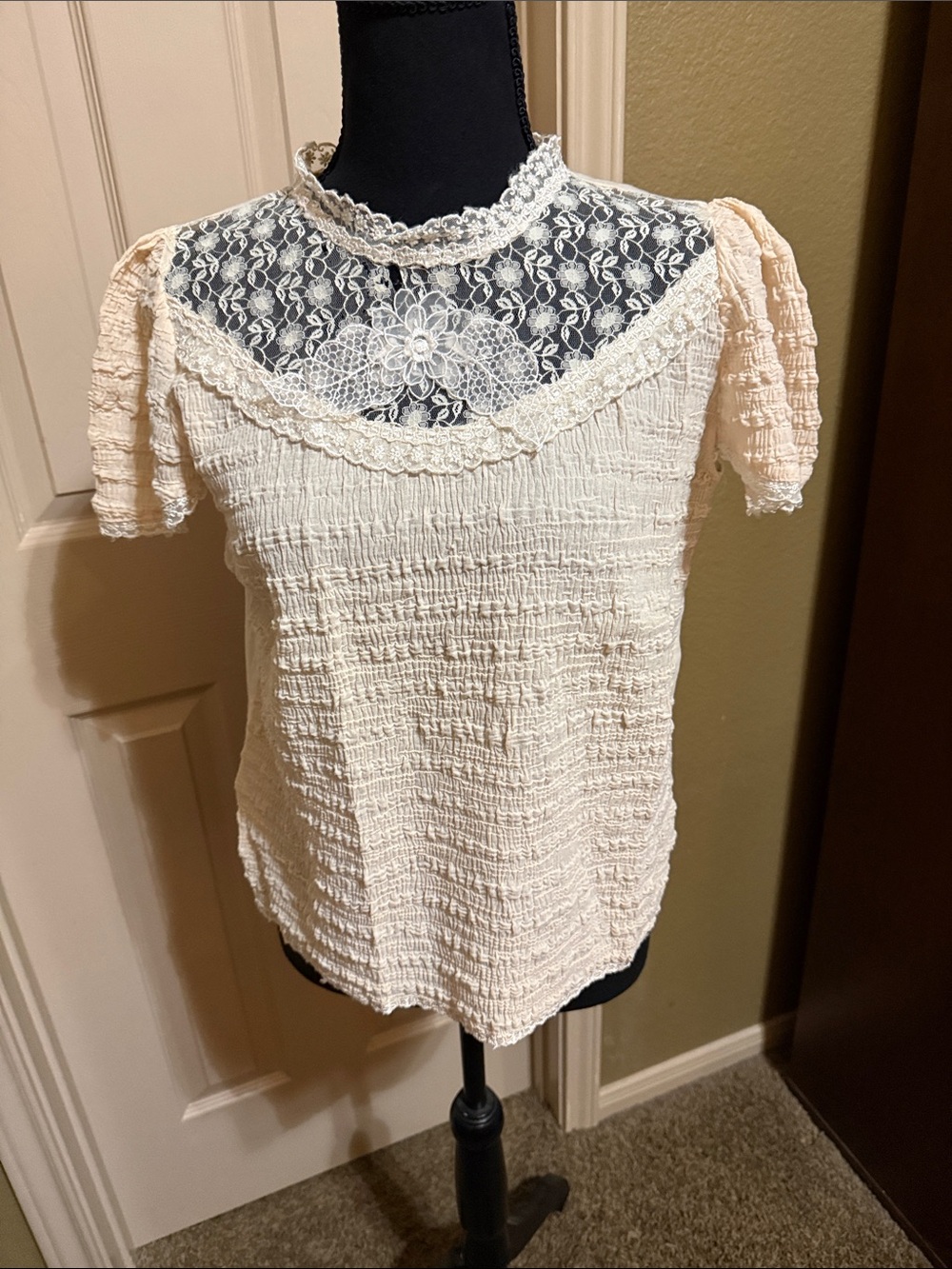 Lace Yoke Textured Blouse in Light Peach - Picture 8 of 9